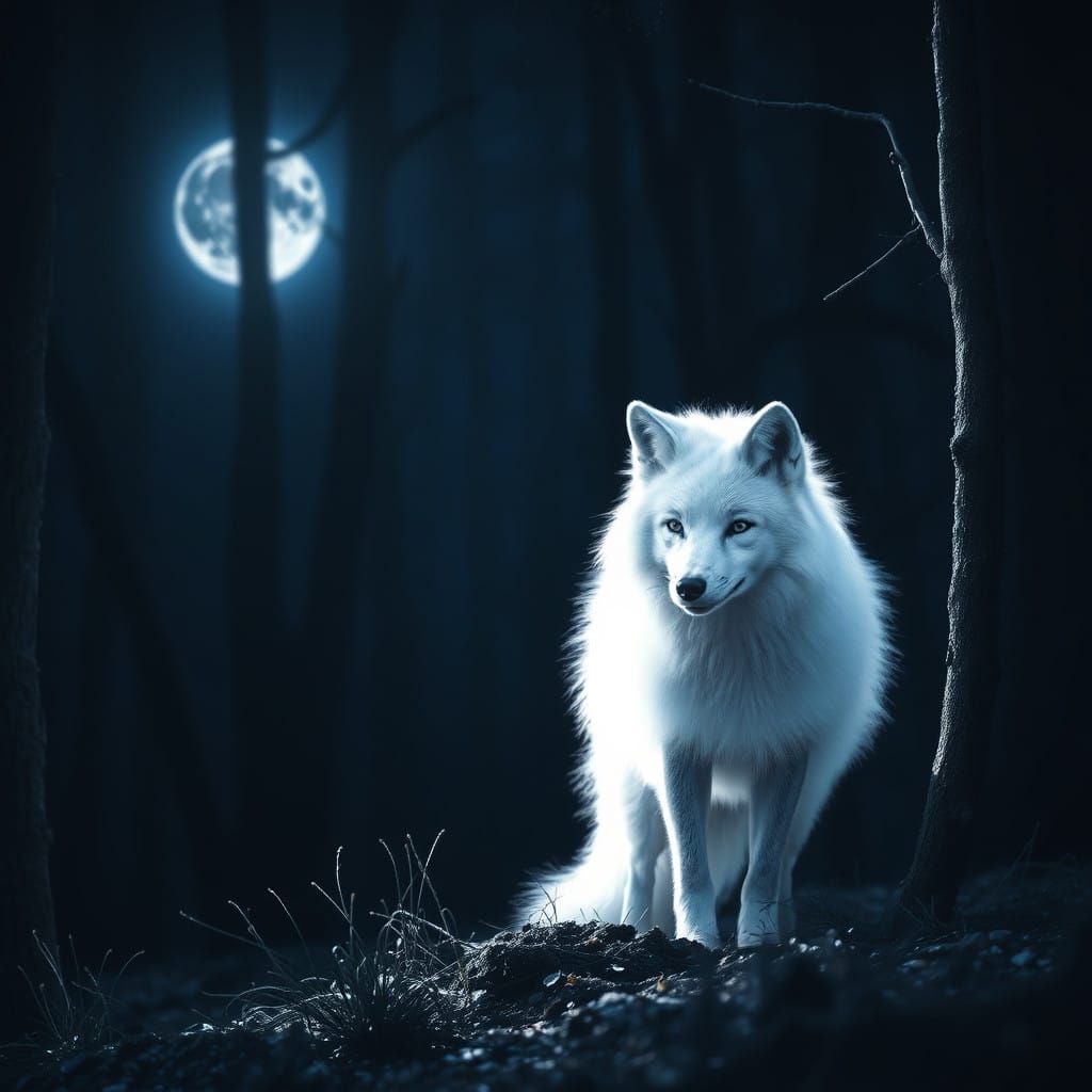 Luminous White Fox in Midnight Forest
