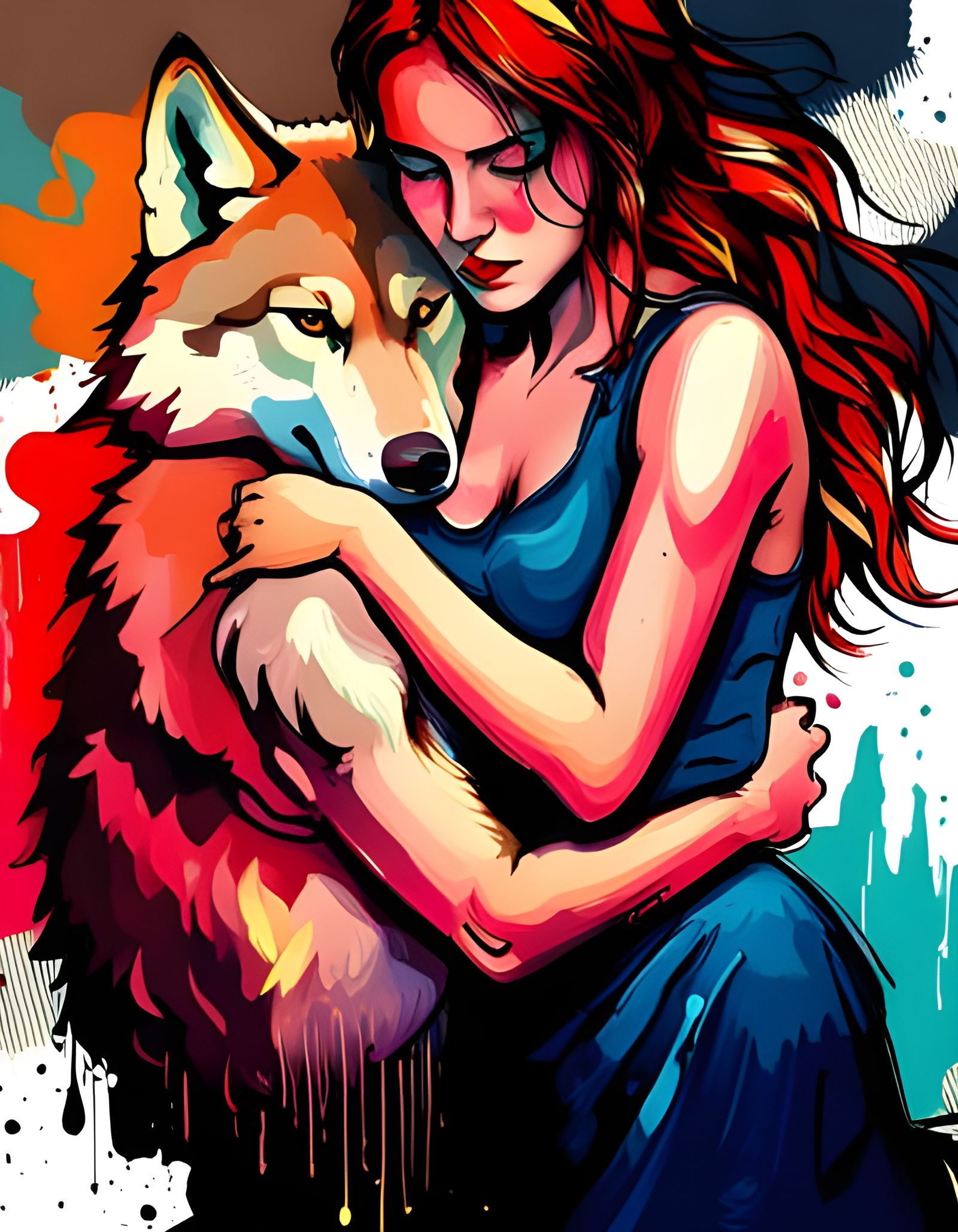 Lady Hugging Wolf in Bold Painterly Style