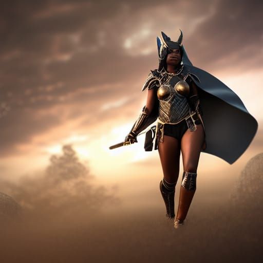 Armored Woman in Fantasy Town with Volumetric Lighting