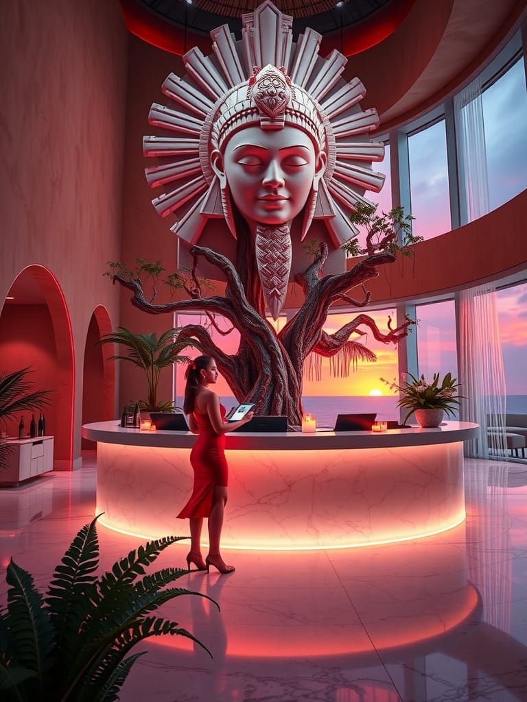 Cyberpunk Waitress in Low-Angle Shot, Illuminated by Hologra...