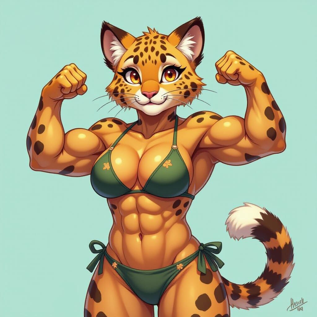 Muscular Leopard Woman Performing Muscle Growth