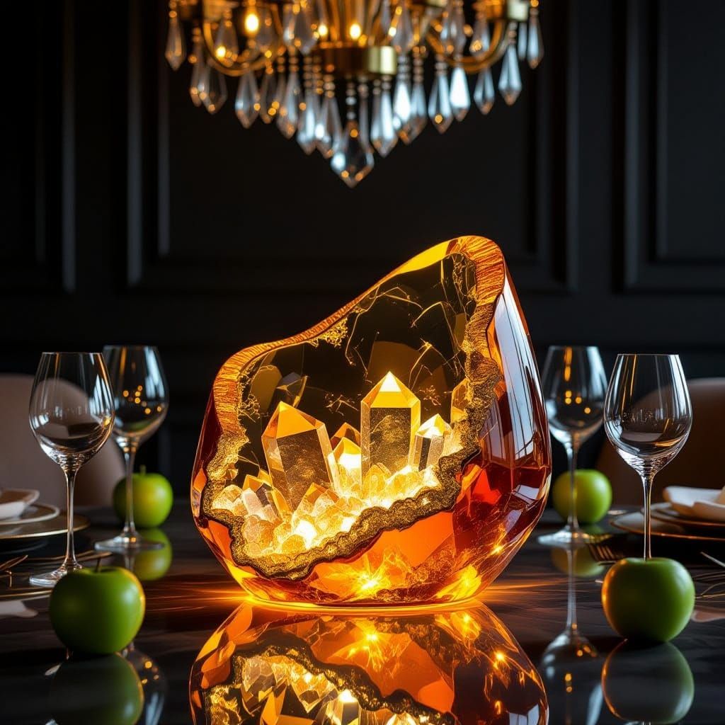 Illuminated Amber Crystal Island Centerpiece with Gold Leaf