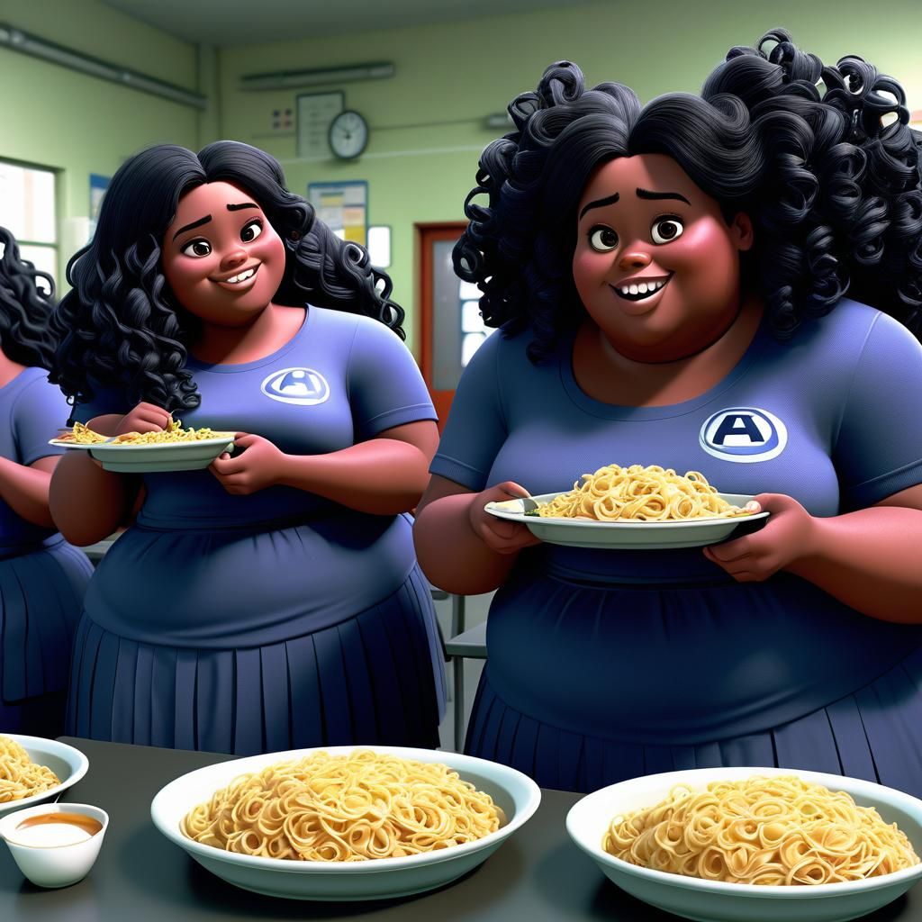 Cheerful Obese Students Enjoying Lunch: A Pixar-Style Scene