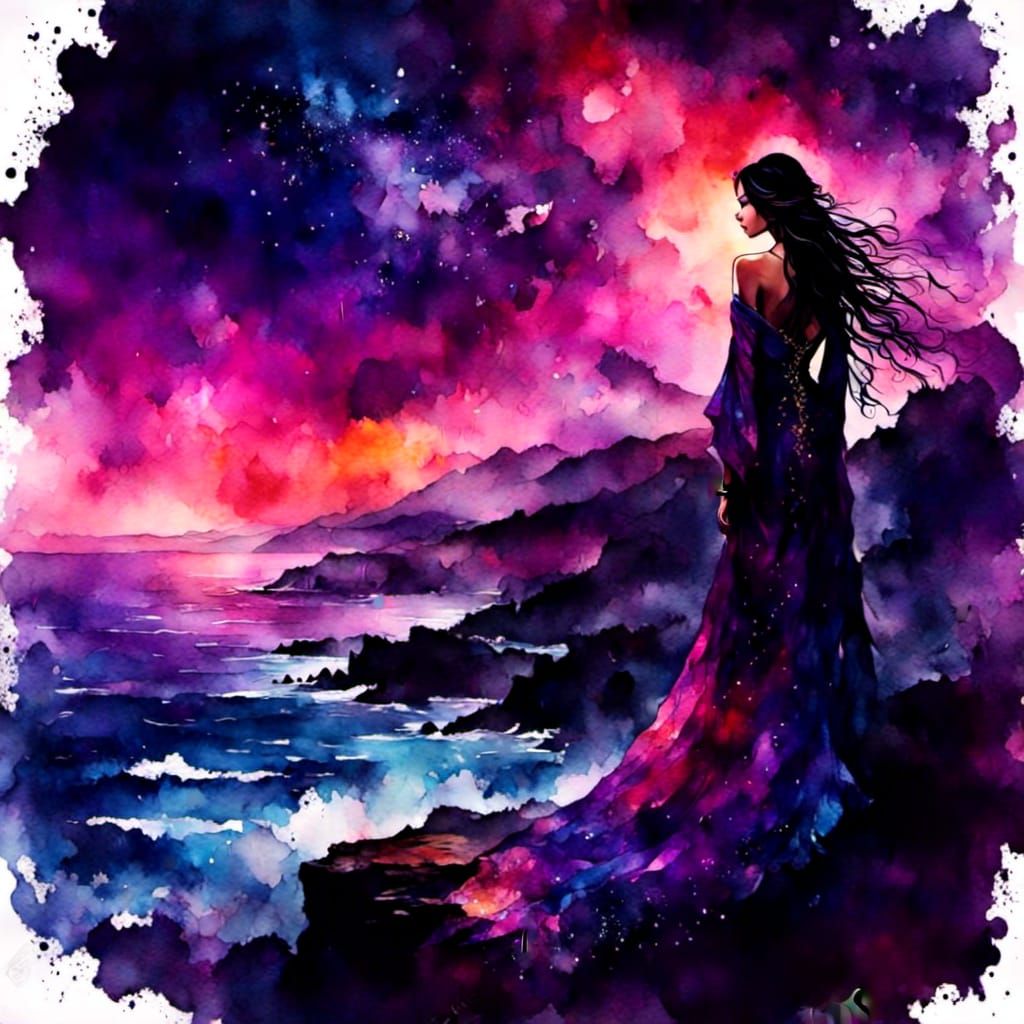 Asian Bride Observes Epic Ocean in Stormy Sky