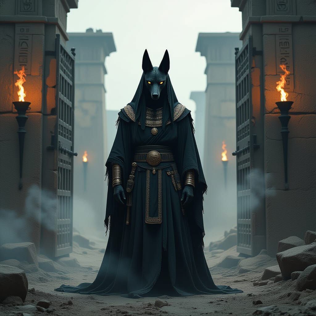 Anubis: Spectral Guardian of the Underworld in Surreal Style