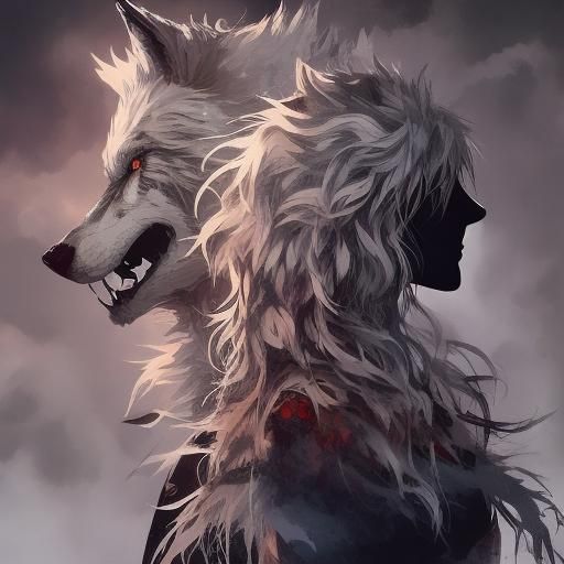 Double exposure of a wolf and a mage. <lora:Wolf...