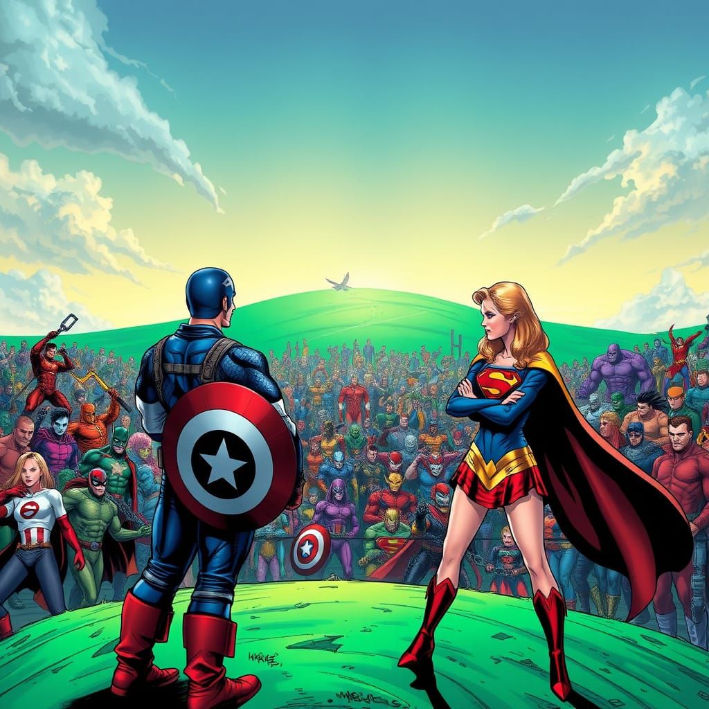 Captain America and Supergirl Overlook a Vibrant Sea of Impr...