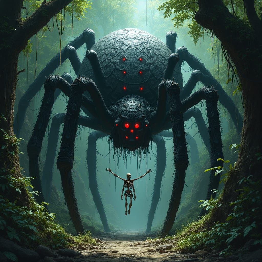 Giant Spider with Glowing Runes in Jungle Ruins