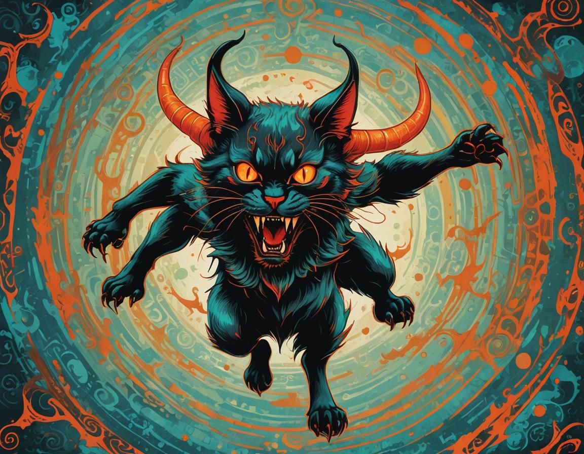 Sinister Devil-Cat Jumping in Air: Psychedelic Fantasy