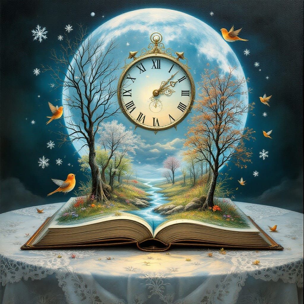 Mystical Clock on Moonlit Background in Magical Realism Styl...