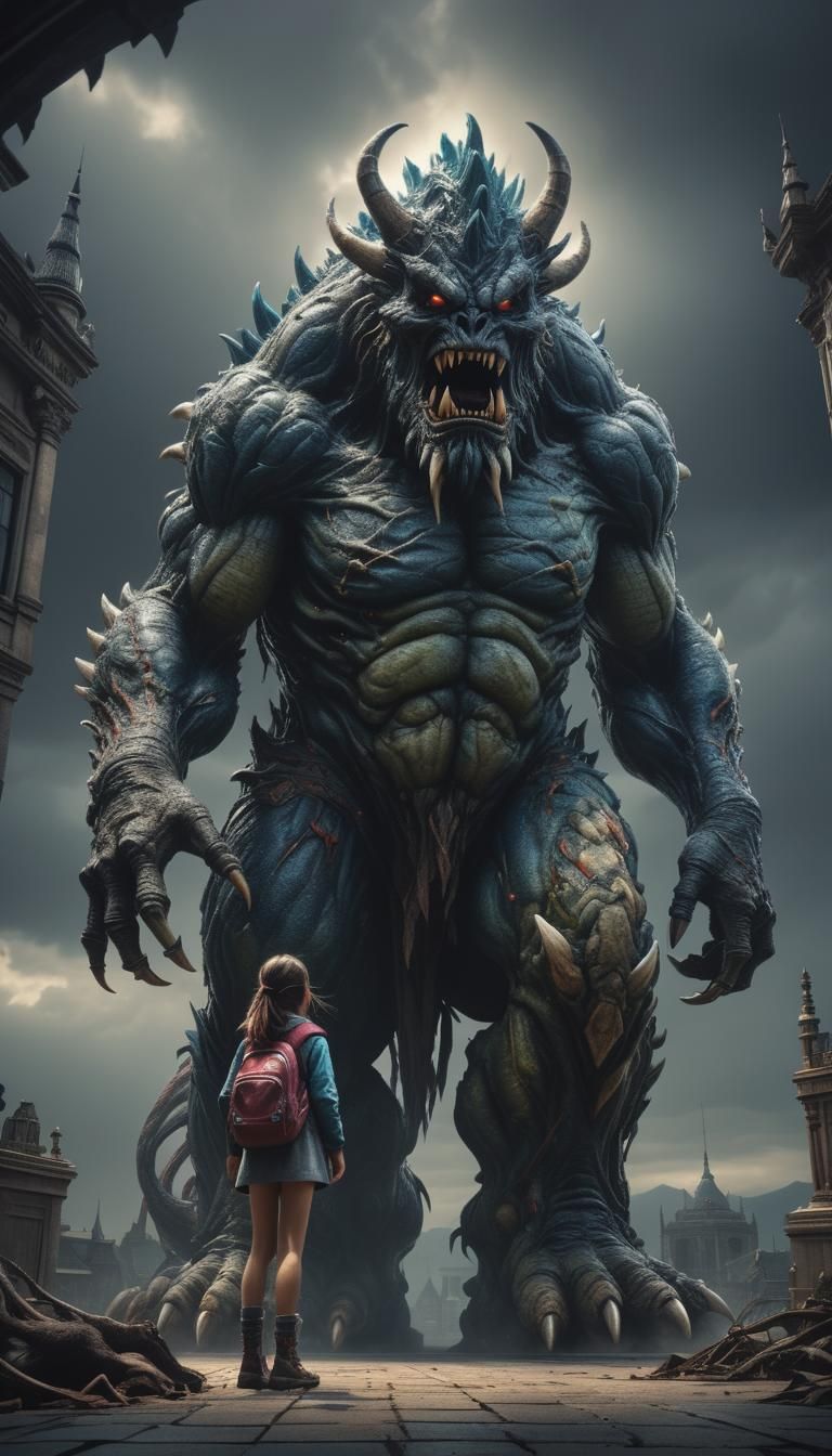 Kind Monster and Tiny Girl in Hyperrealistic Detail