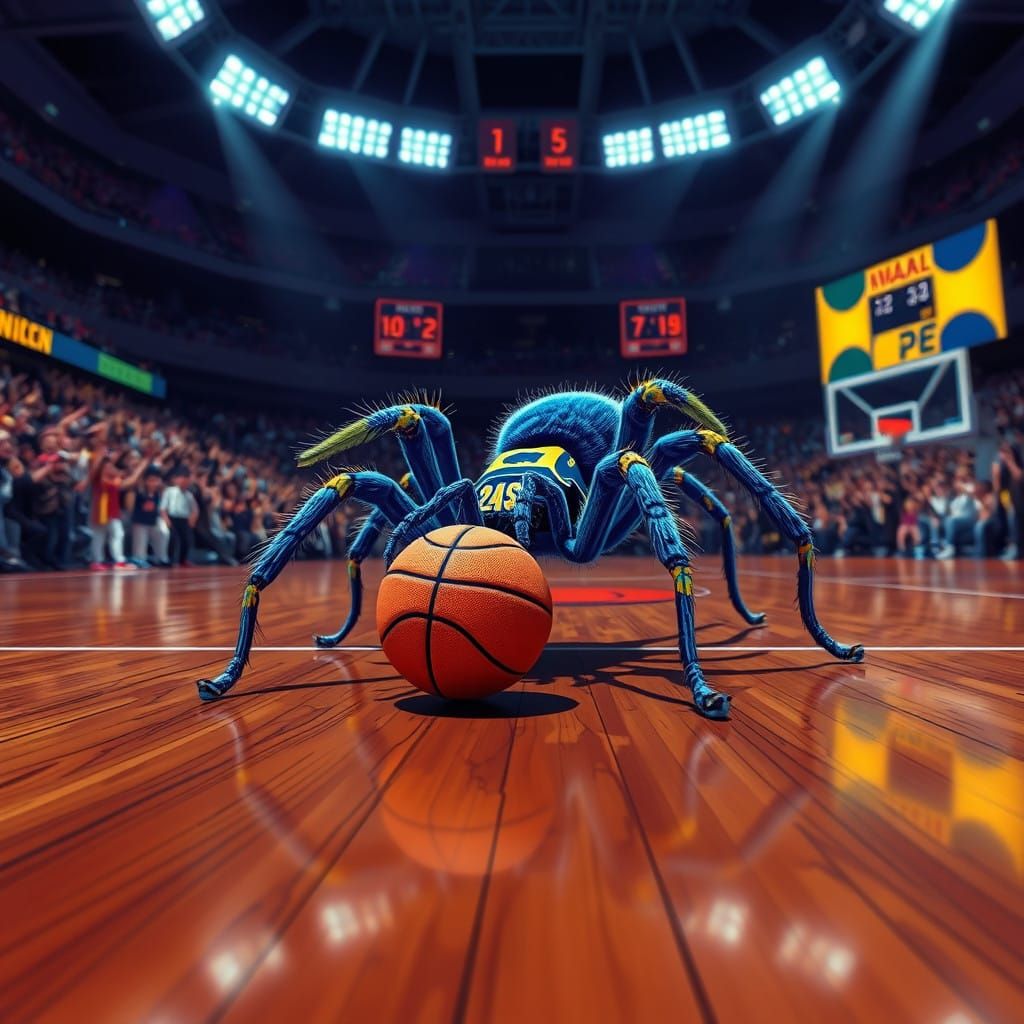 Tarantula in Electric Blue Basketball Gear on Dark Wood Cour...