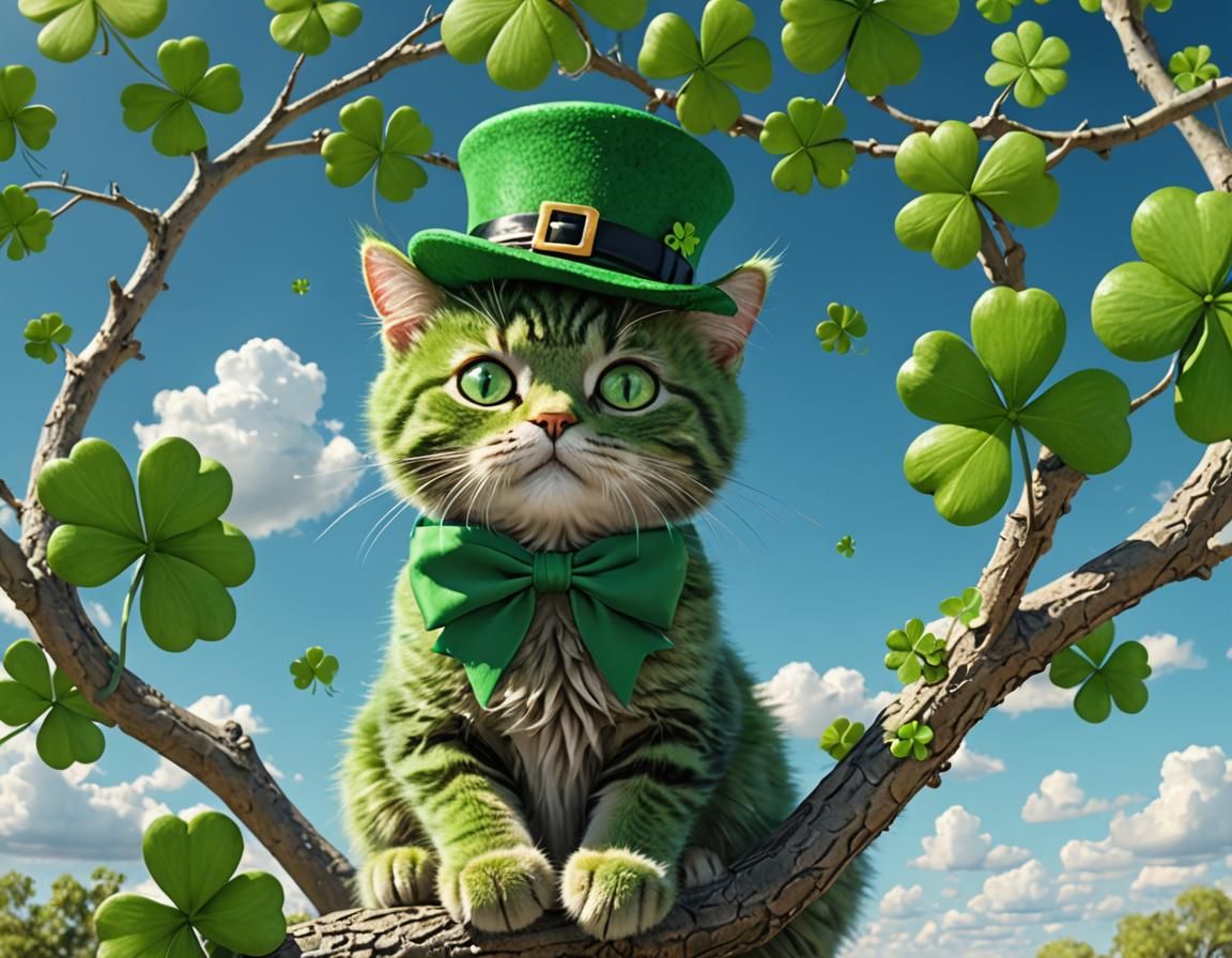 St. Patrick's Day Green Cat with Shamrock Explosion