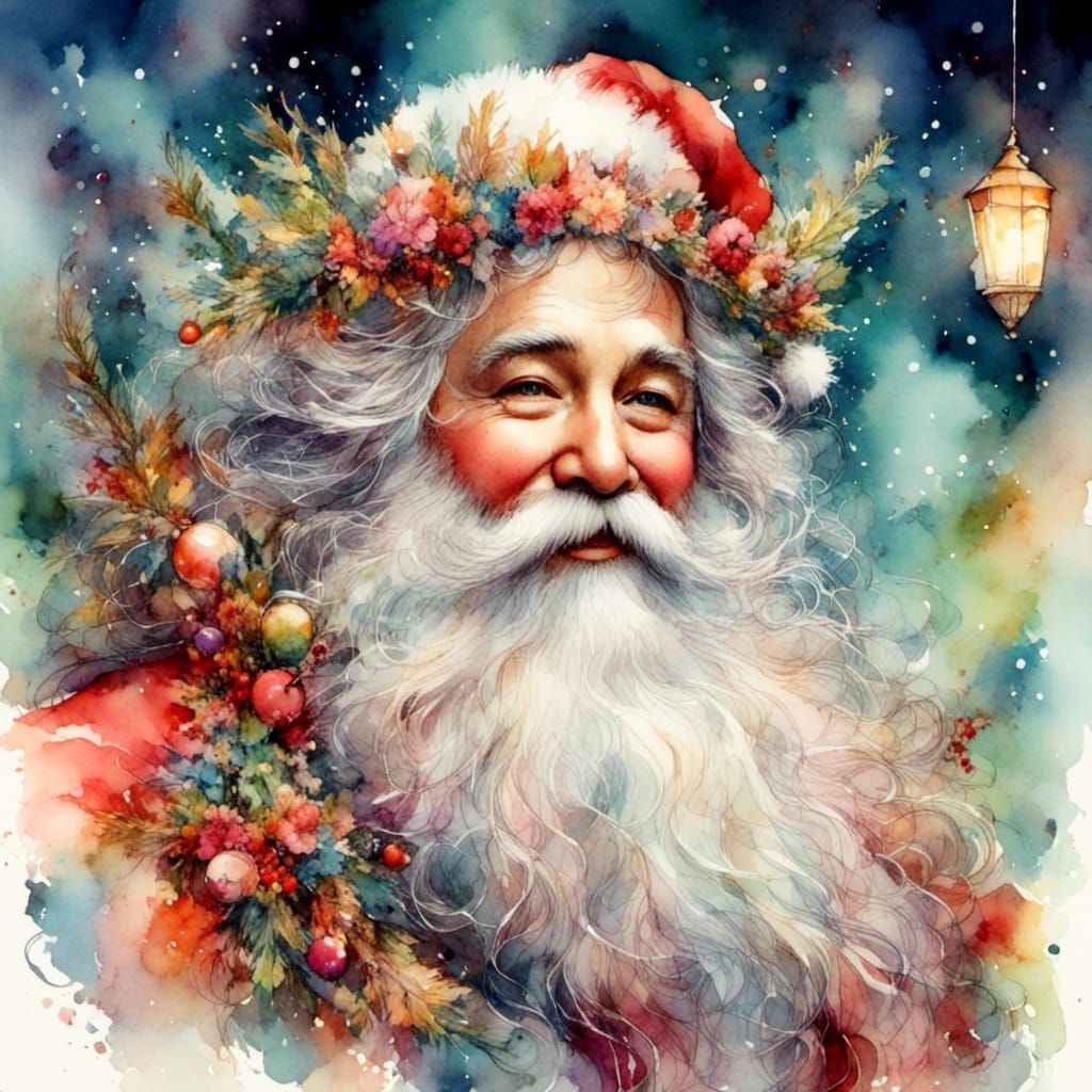 Santa Claus Portrait in Victorian Watercolor Style
