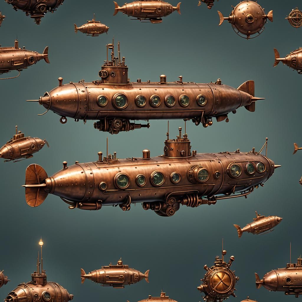 Steampunk Submarine in Dark Ocean: Retro-Futuristic Art
