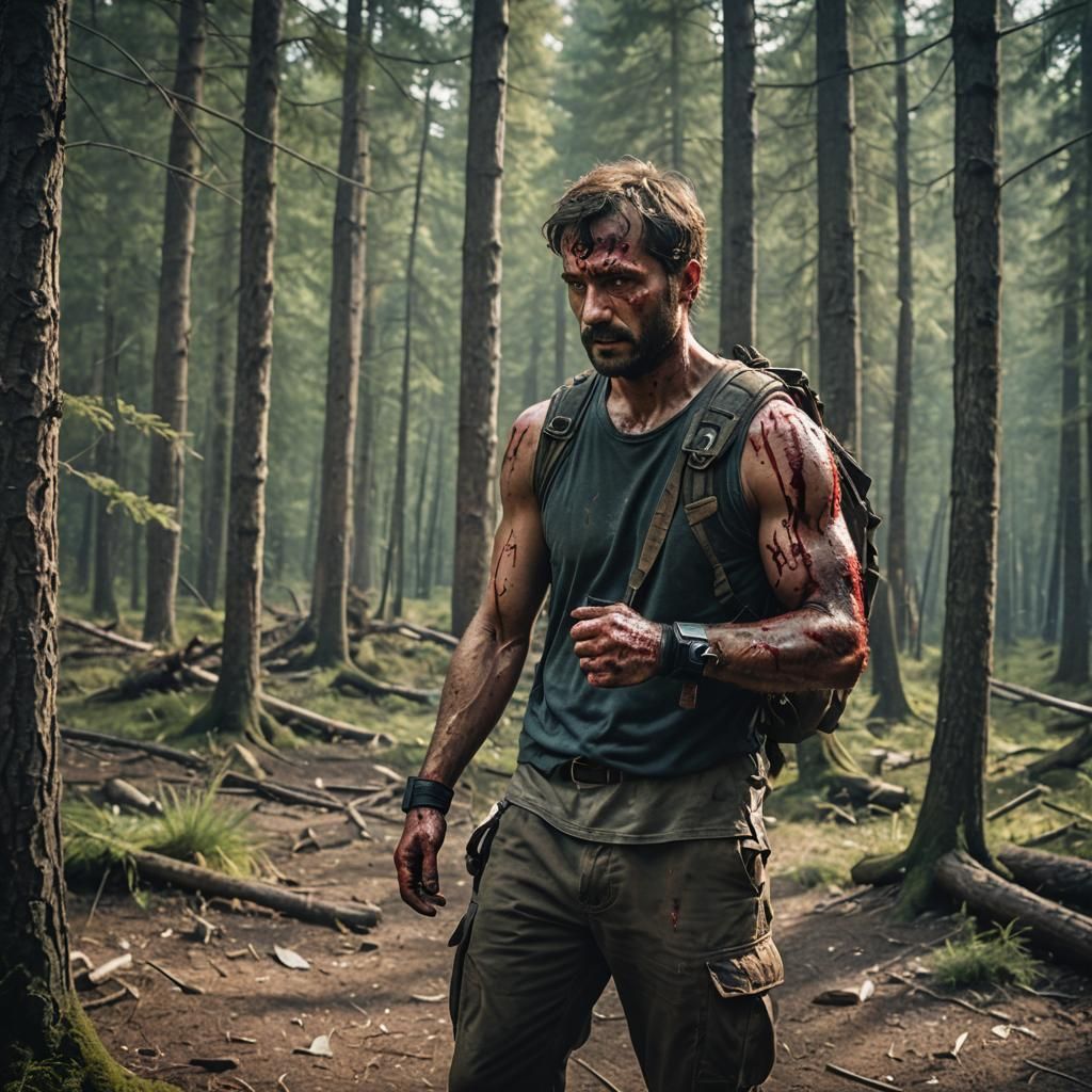 Wounded Man After Bear Fight: Cinematic Film Still