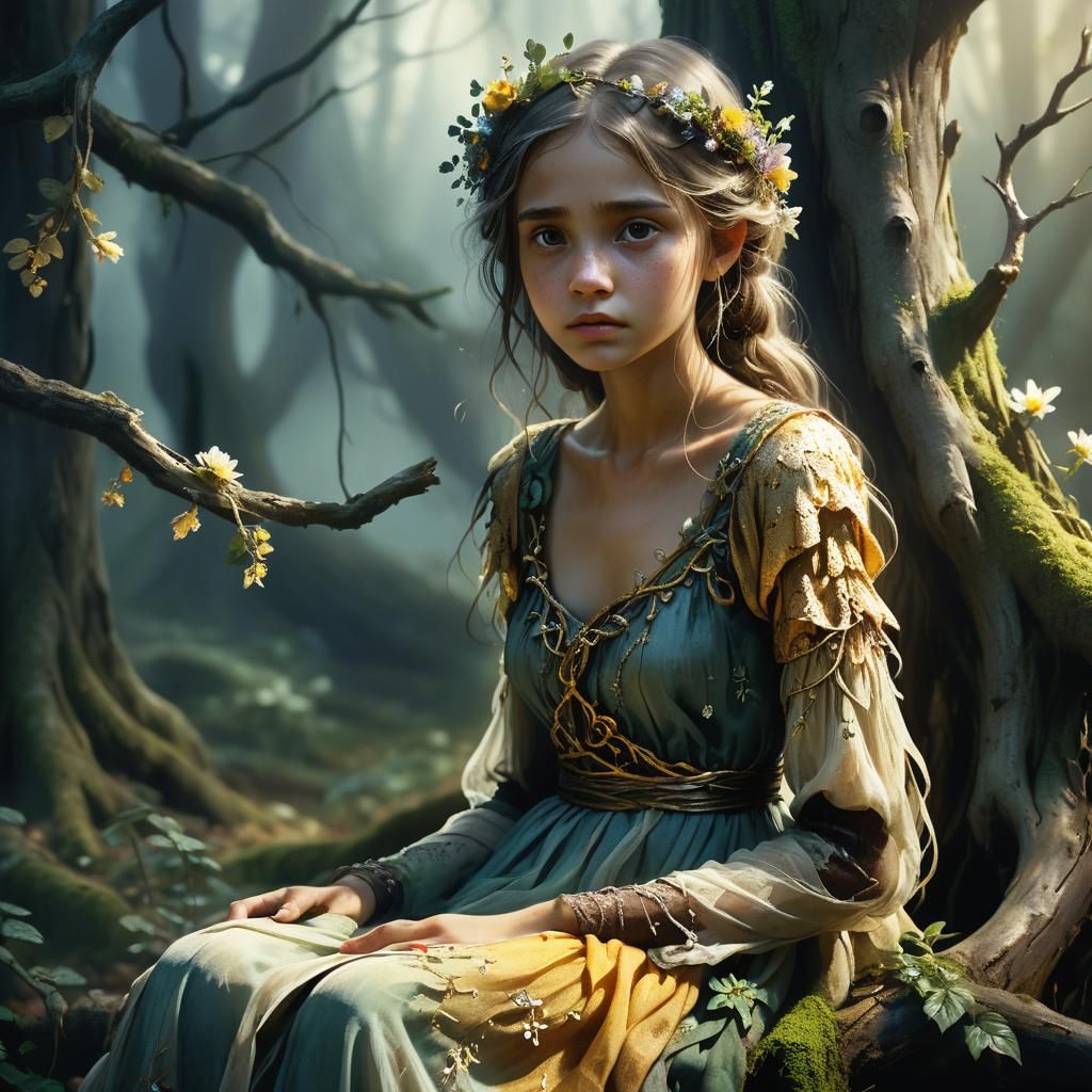 Sad Girl in Mystical Forest Concept Art