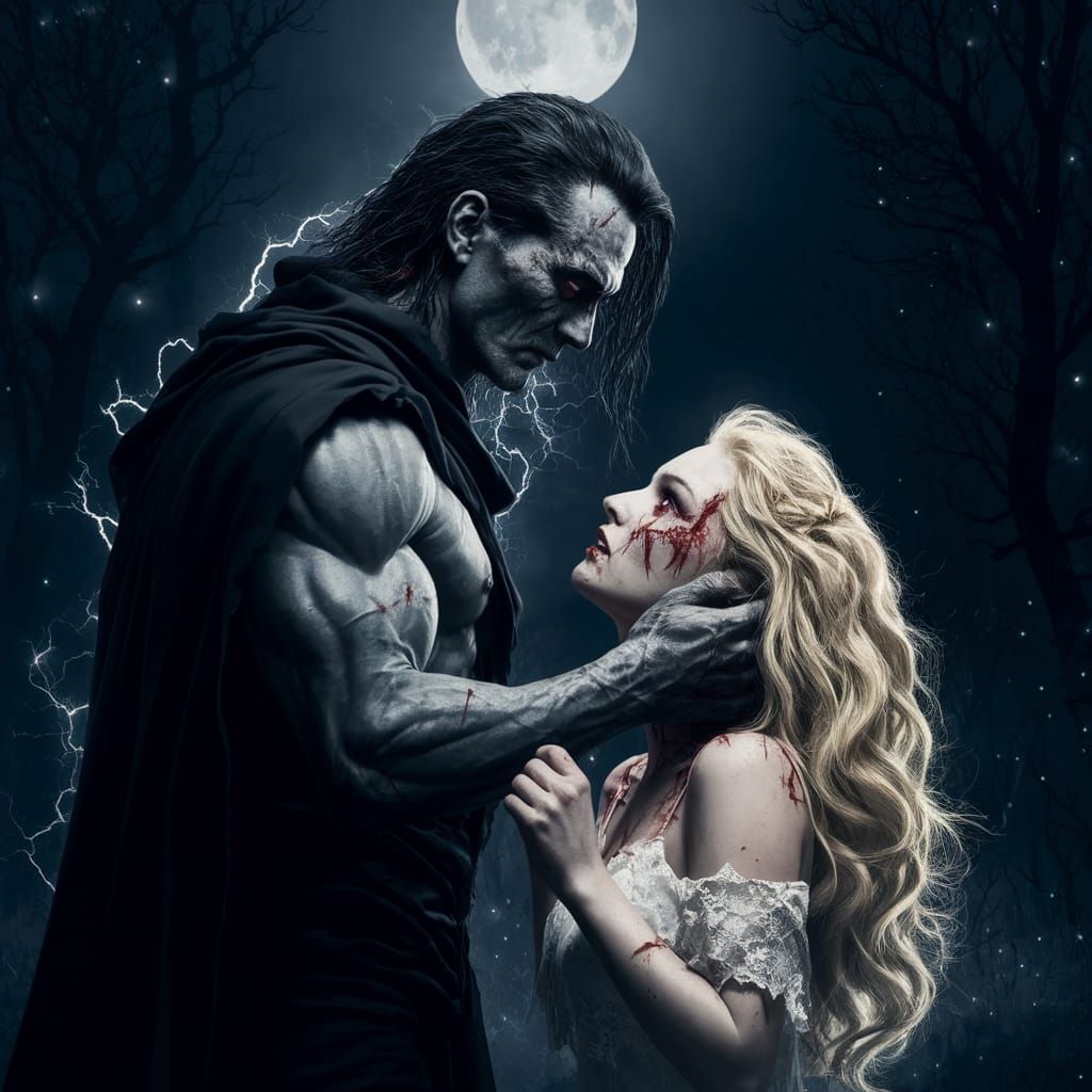 Dark Hero Towers Over Captive Blonde Woman in Moonlit Forest