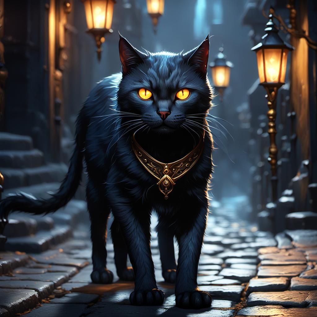 Dark Fantasy Black Cat Emerging from Shadows