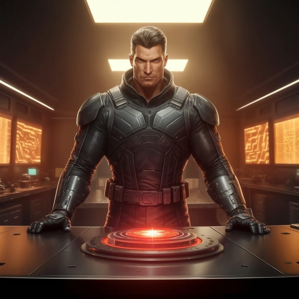 Cyberpunk Laboratory Scene with Confident Figure