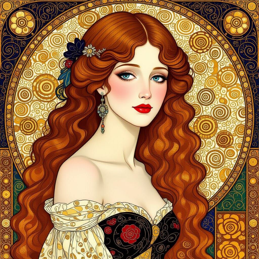 Beautiful Young Woman in Gustav Klimt Style