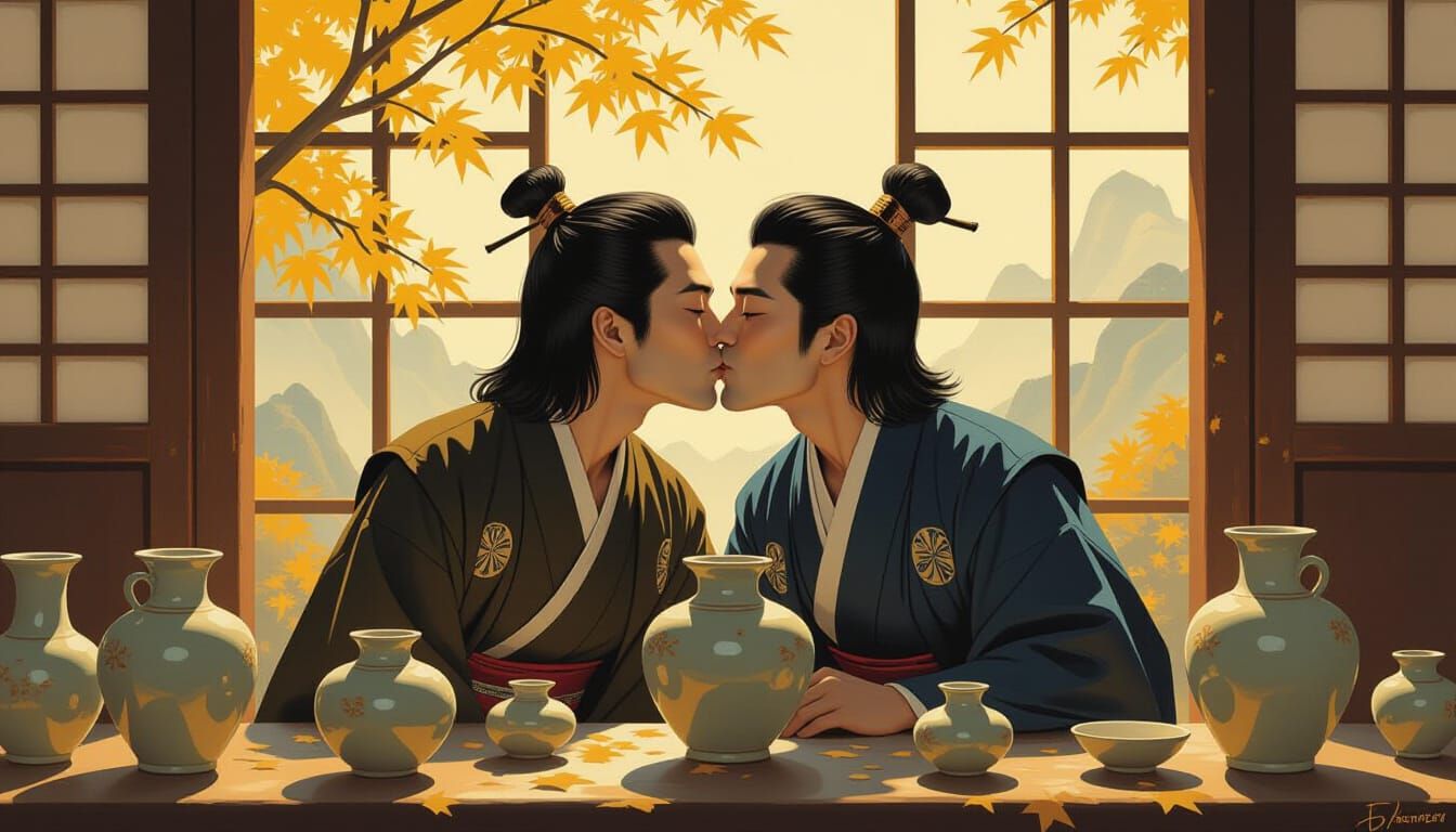 Princes' Romantic Kiss in Pottery Studio, Nihonga Style