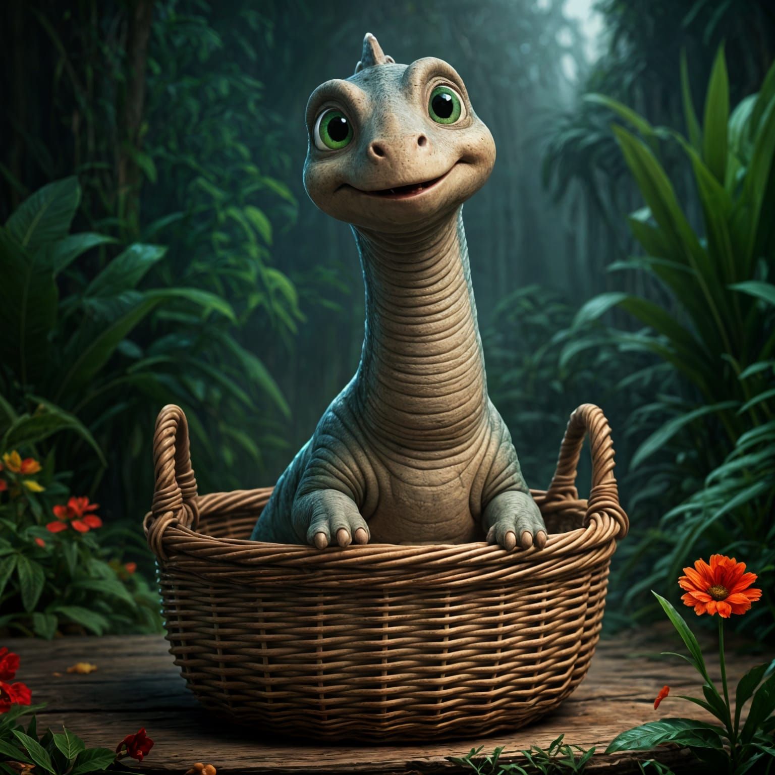 Adorable CGI Sauropod in Cozy Wicker Basket