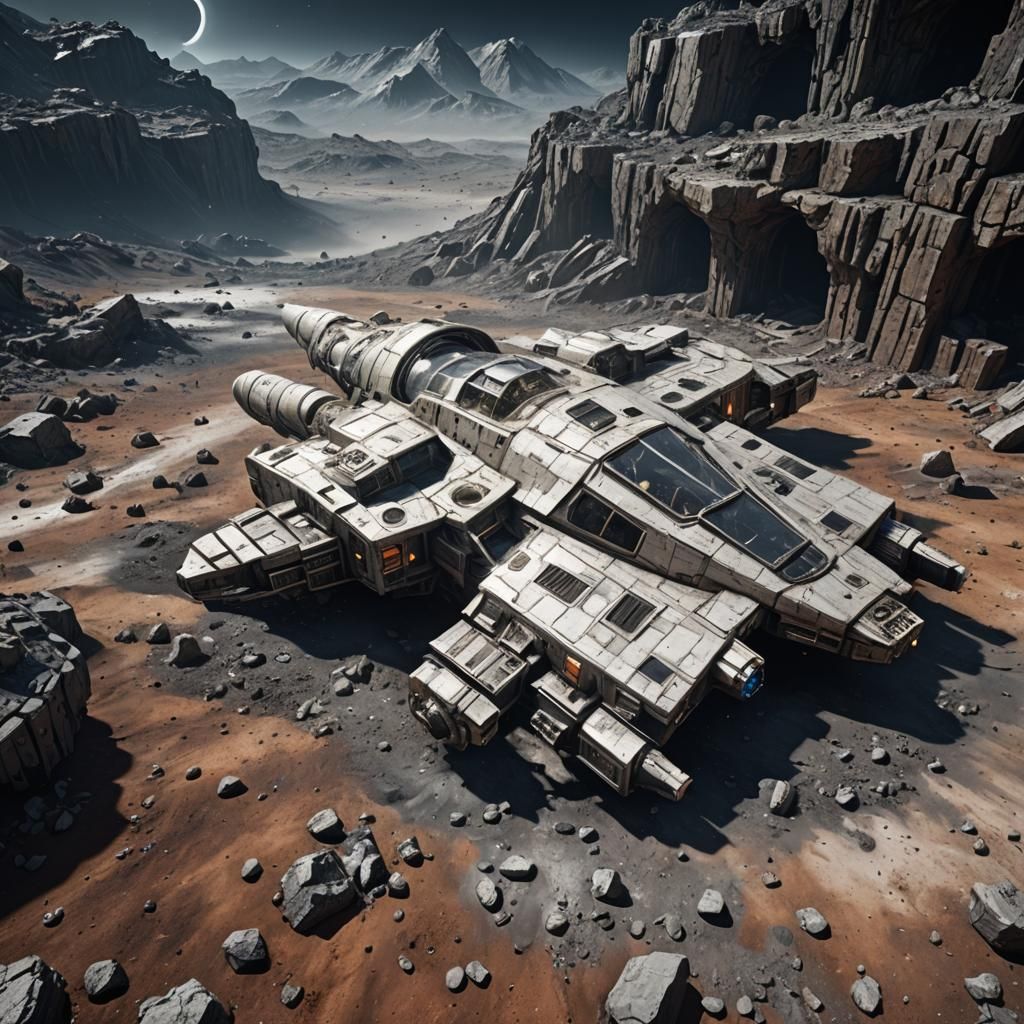 Wrecked Spaceship on Airless Moon in Detailed Matte Painting