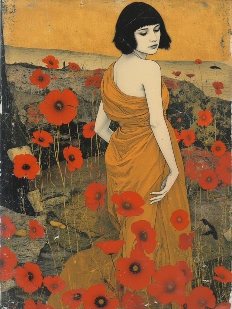 Golden Woman in Ecstatic Bliss, Abstract Symbolist Portrait