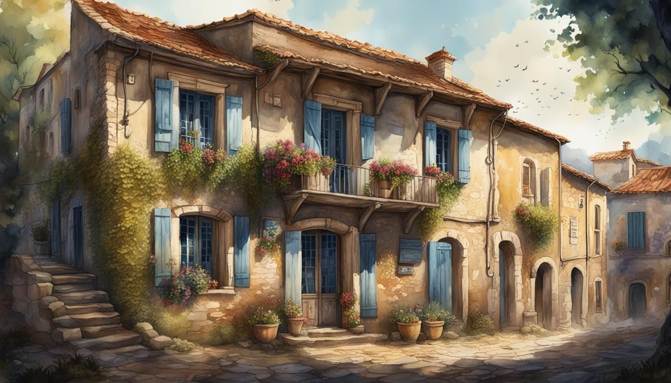 Charming French House in Watercolour Painting Style