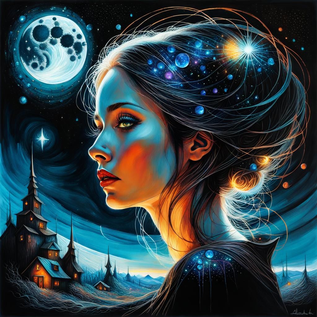 Moonlit Woman: Dark Fantasy Digital Portrait