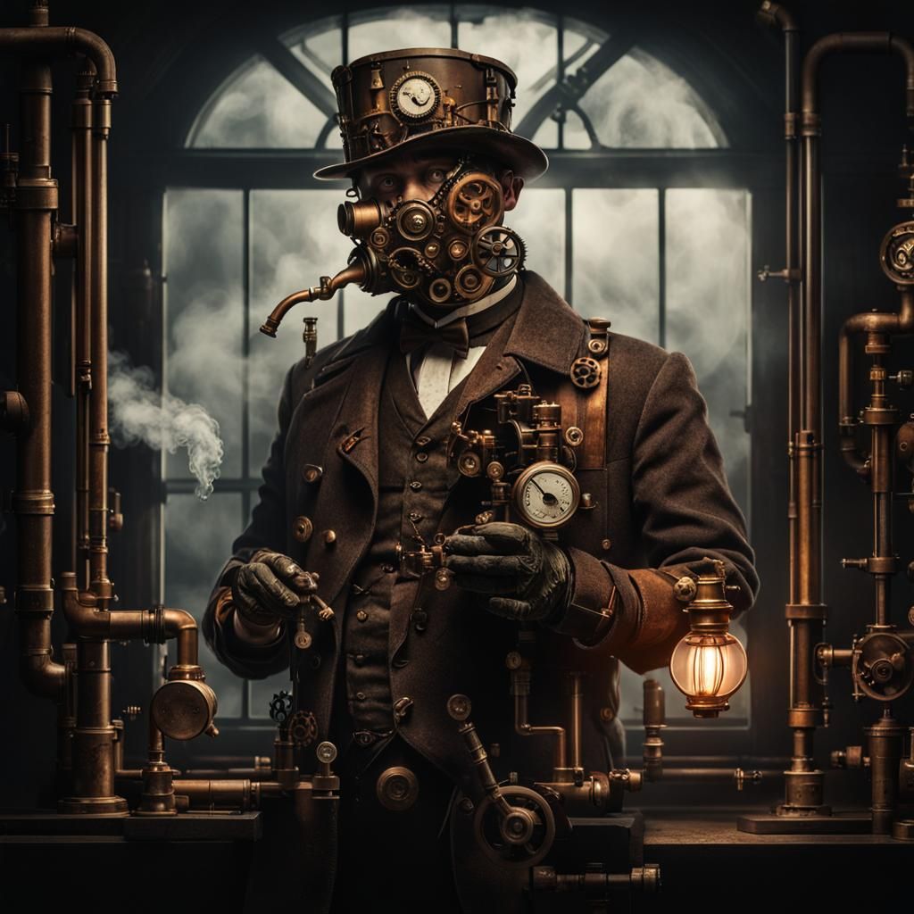 Steampunk Cyborg Smoking Pipe in Misty Industrial Scene