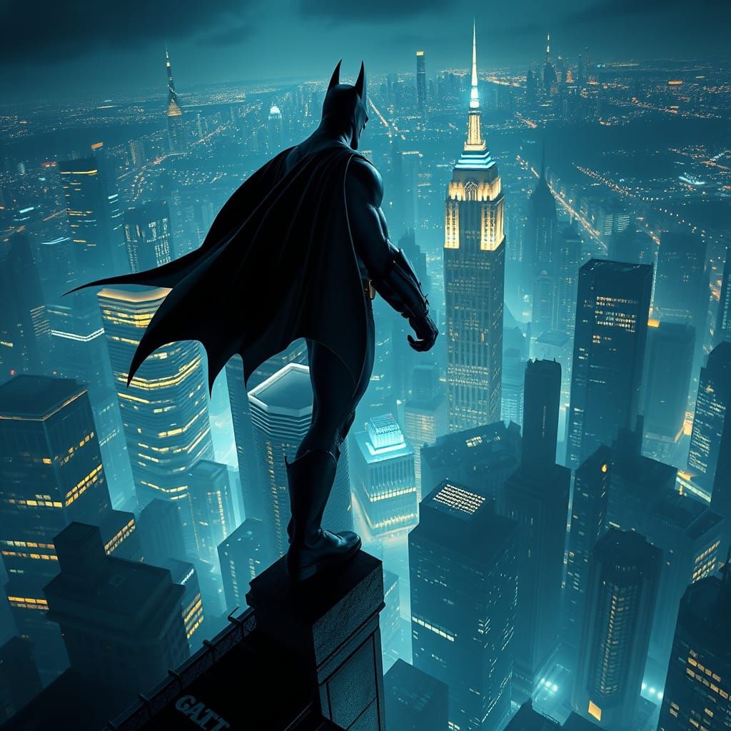 Batman Unfolding Cape Above Gotham: Photorealistic Night Sce...