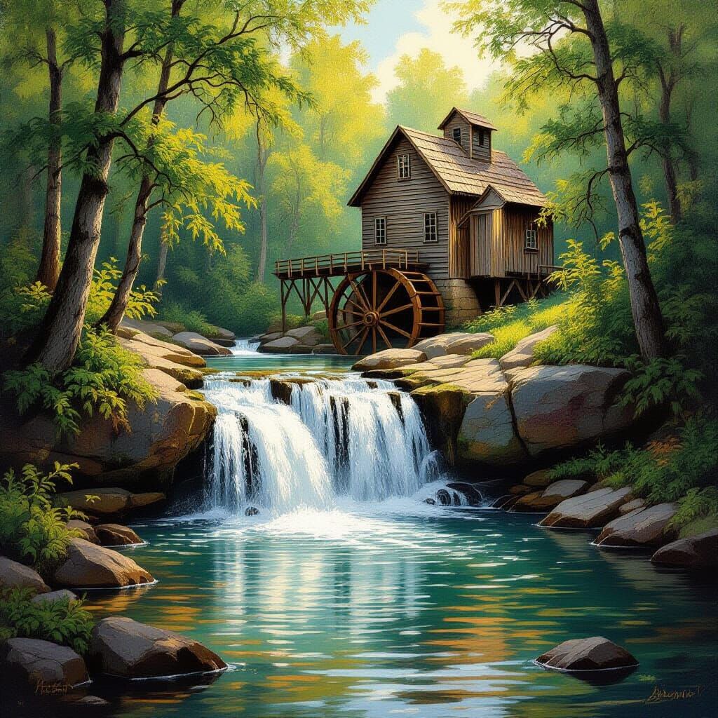 Waterfall and Grist Mill in 19th-Century Oil Painting Style
