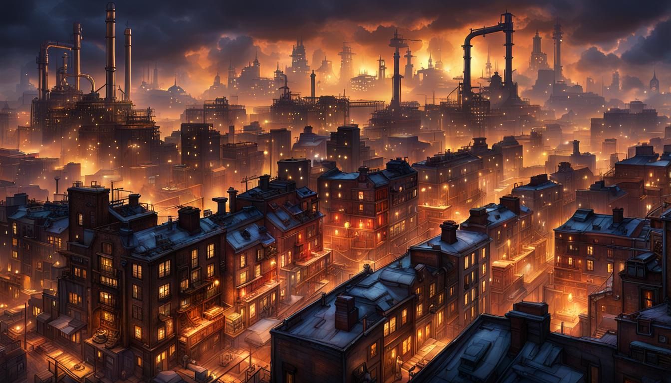 Steampunk Cityscape at Dusk with Heavenly Lights
