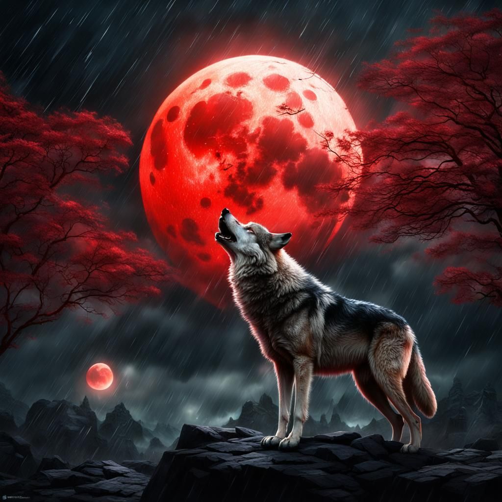 Wolves Howling at Red Moon in the Rain