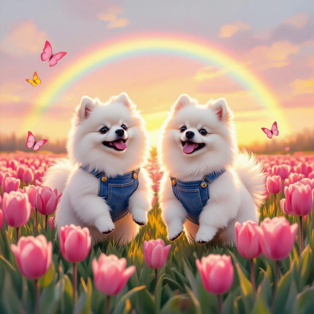 Pomeranians in Tulip Field Under Rainbow, Impressionistic St...
