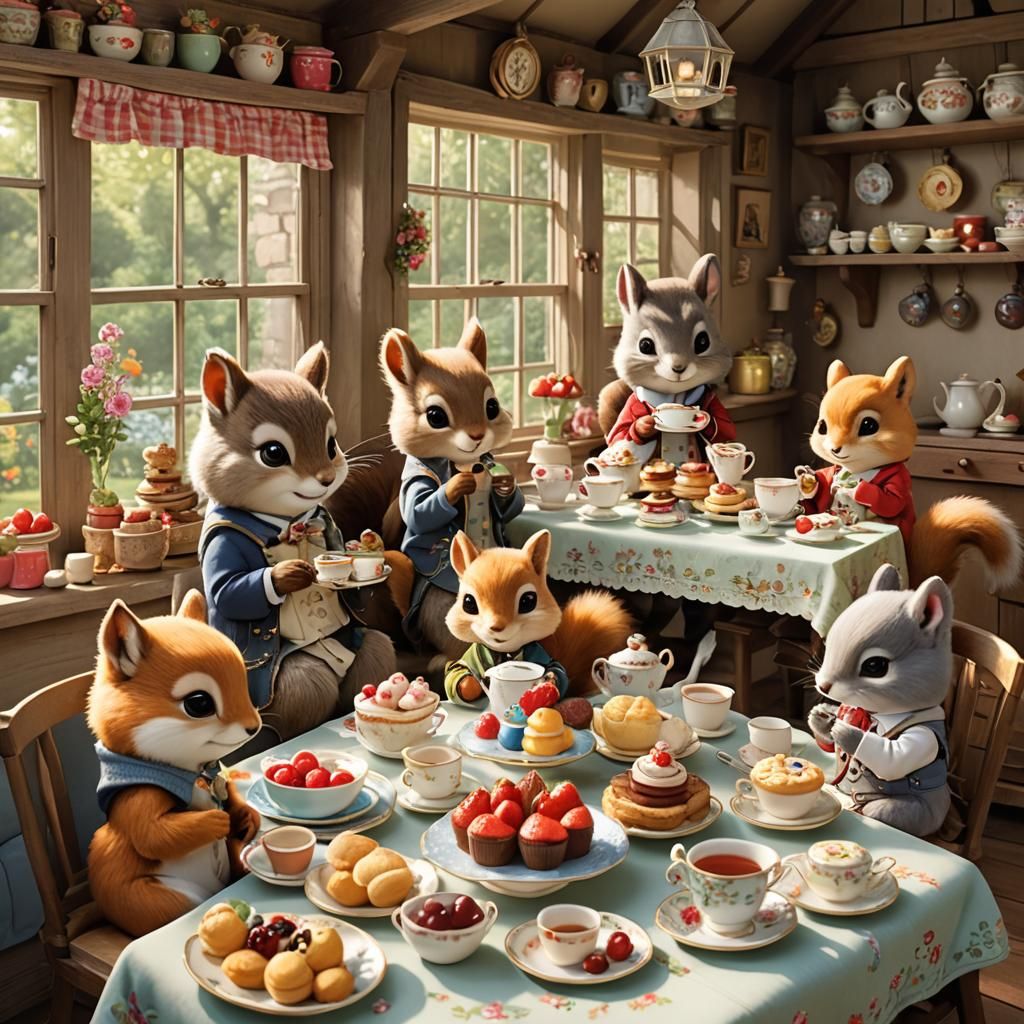 A delightful gathering of chibi characters enjoys a delightful tea party in a cozy, sunlit cottage. The table is set wit...