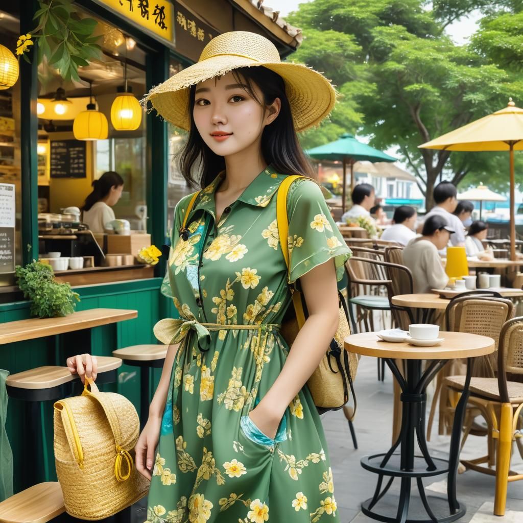 Seaside Coffee Shop With Girl in Anime Style