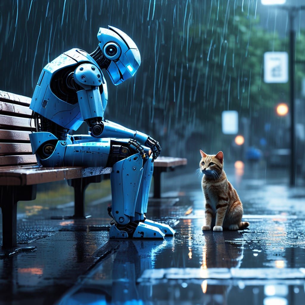 Moody Android and Feline Duo in Rainy Abandoned Landscape