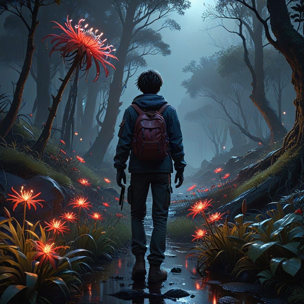 Anime Boy in Eerie Forest with Glowing Spider Lilies