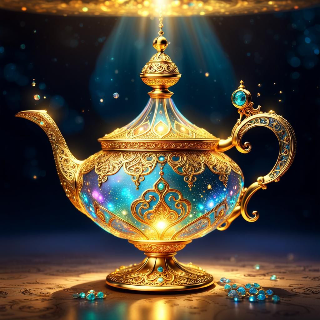 Intricately Detailed Aladdin's Lamp with Golden Filigree