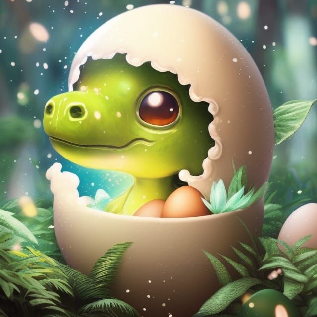 Chibi Dinosaur Hatching in Snowy Jungle: Digital Illustratio...