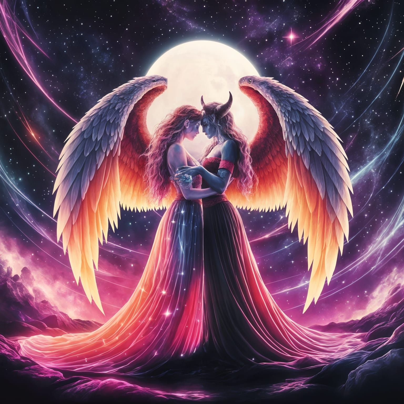 Love in Cosmic Embrace Under Pale Moonlight