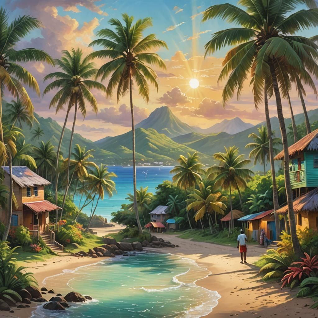 Colorful Caribbean Village in Pastel-Box Art Style