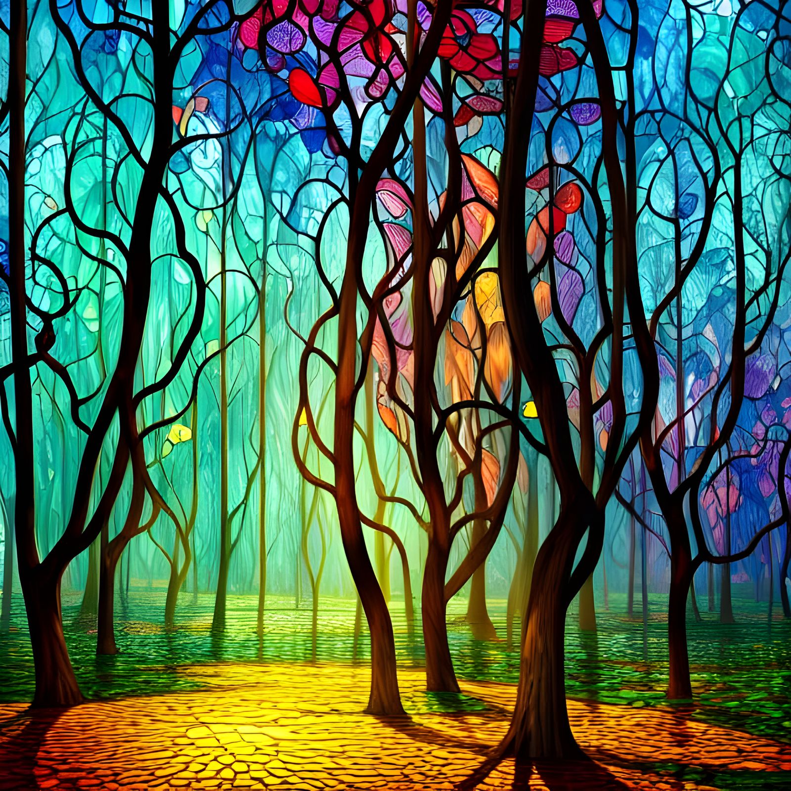 Stained Glass Forest Landscape in Digital Art Style