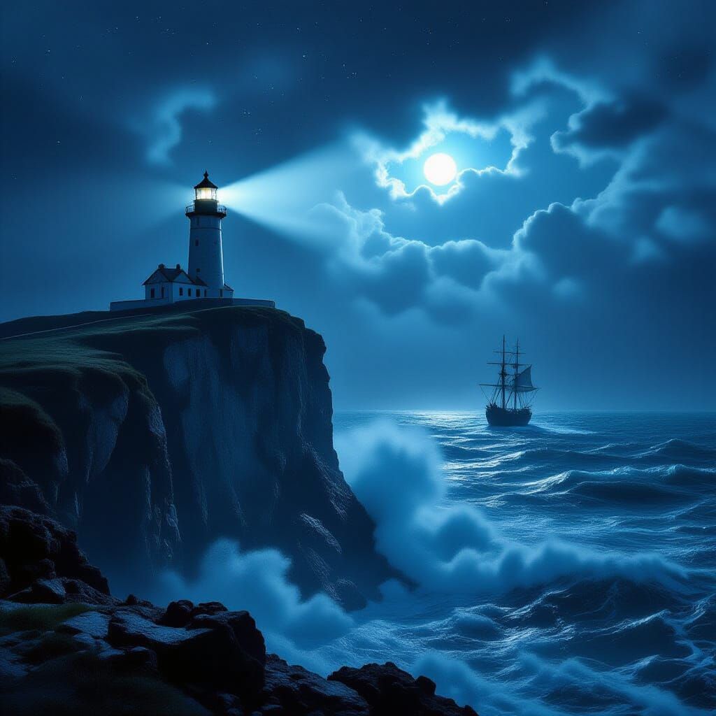 A solitary lighthouse perched on a jagged cliff face, batter...