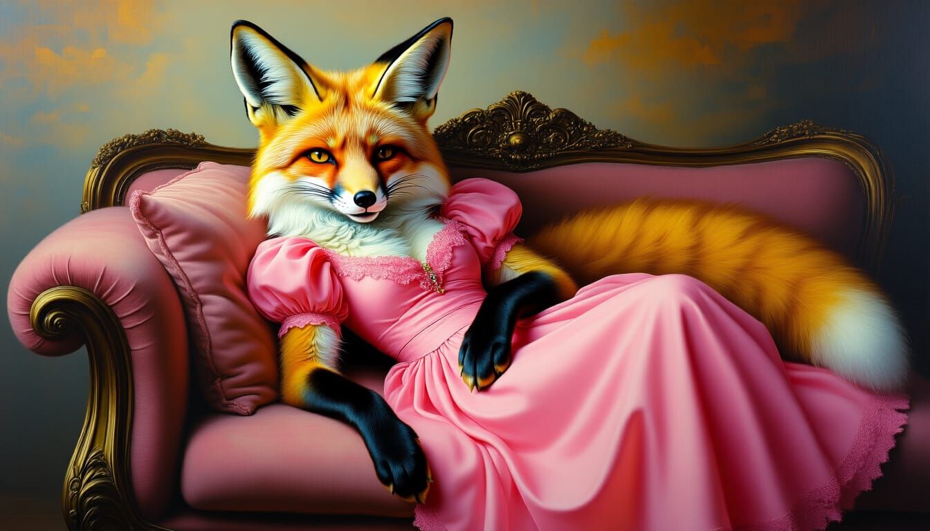 Anthropomorphic Fox Lounging: Surreal Mixed Media Painting