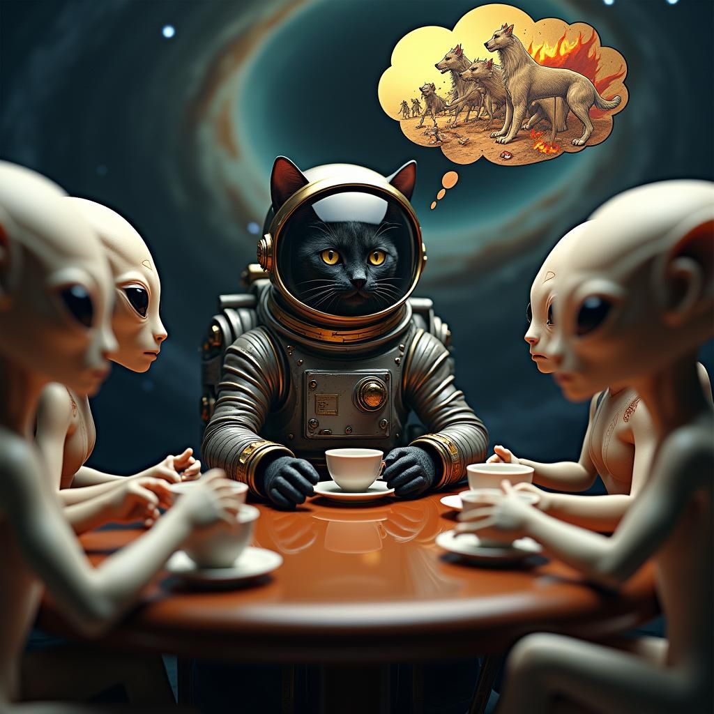 Cat in Astronaut Suit Sipping Tea with Aliens
