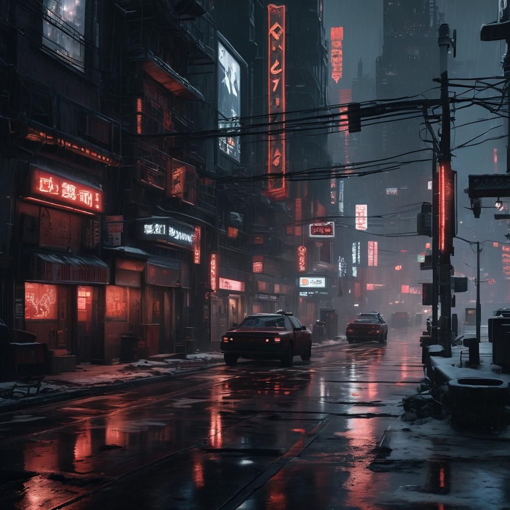 Gritty Cyberpunk Cityscape in Red Neon Lighting